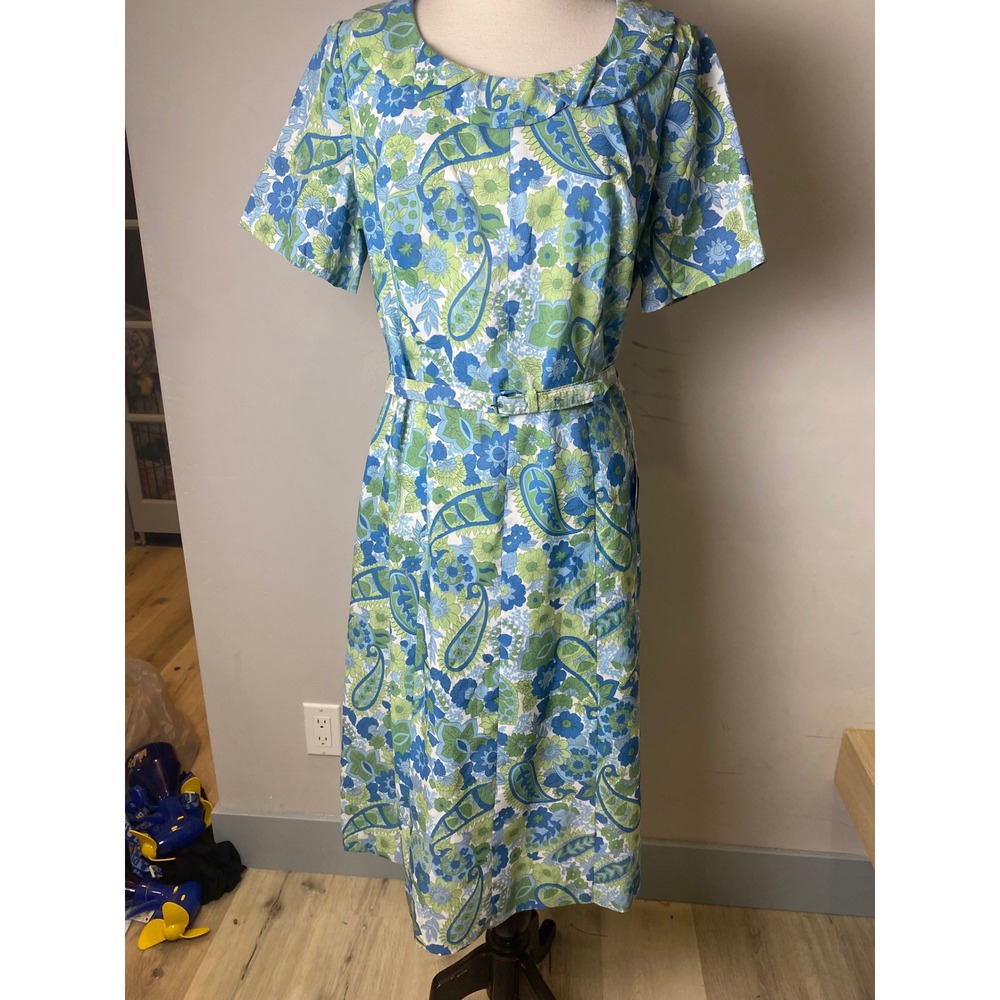 Vintage 1940s Deadstock Paisley Floral Dress Blue Green NWT M/L